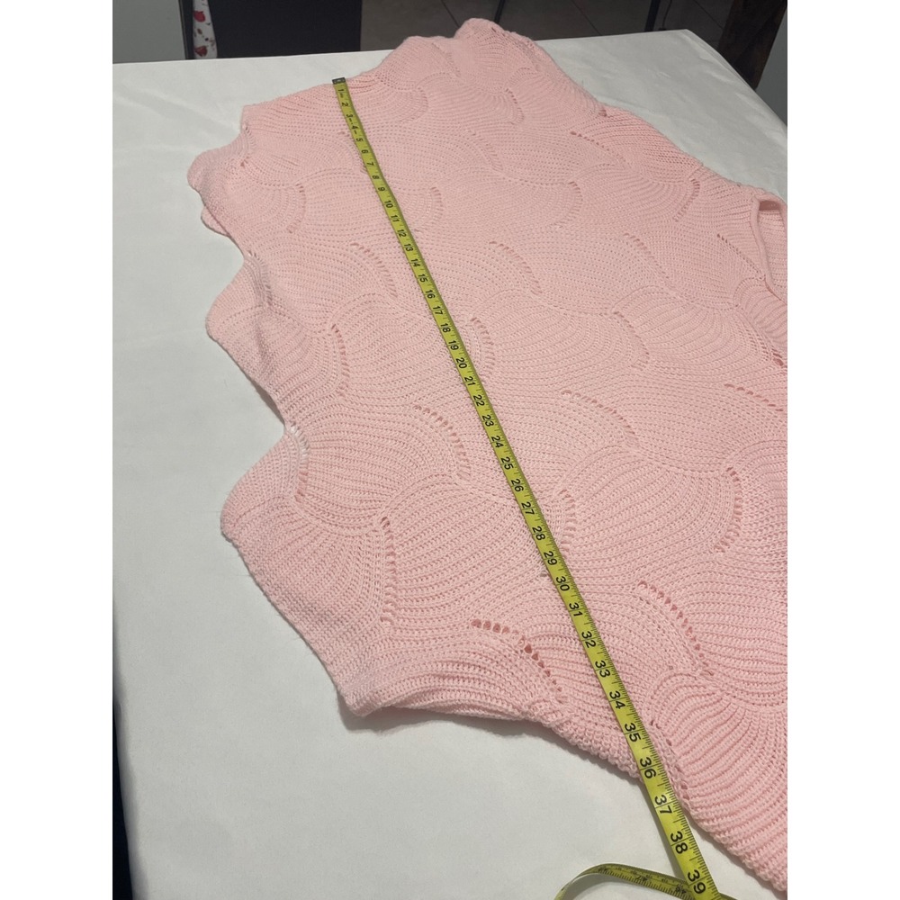 Womens Light Pink Batwing Open Knit V-Neck Scalloped Hem Pointelle Sweater - Picture 4 of 6